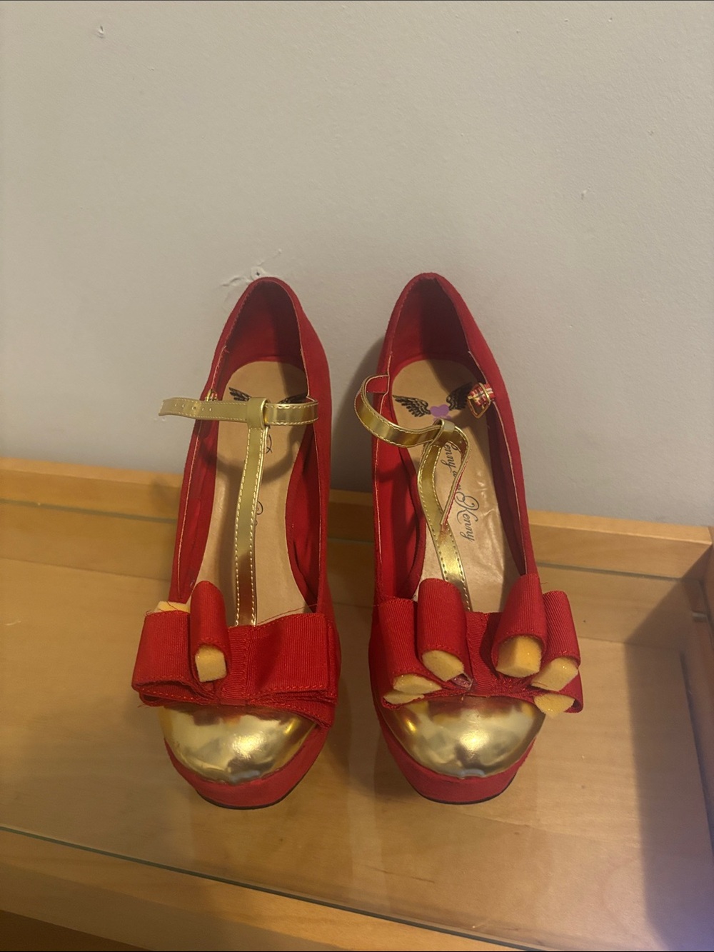 Red and Gold Bow T-Strap Platform Pumps